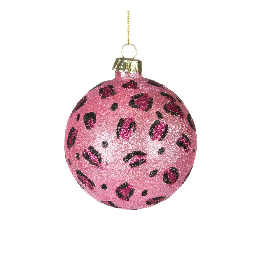 Pink Leopard Glitter Glass Ball Ornament | Putti Christmas