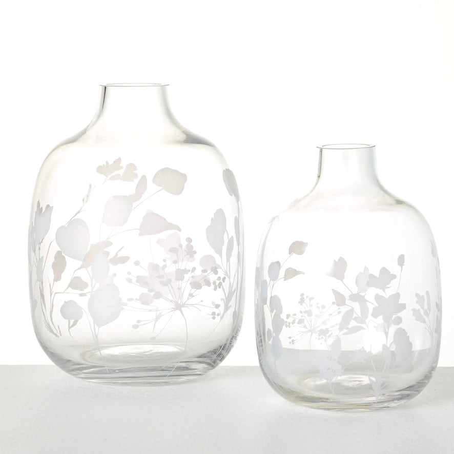 Floral Etched Clear Glass Vase