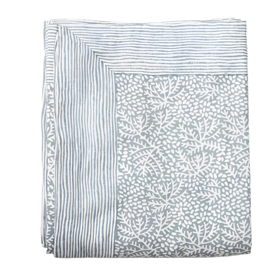 Hand Block Printed Floral Mineral Green Tablecloth | Putti Fine Furnishings