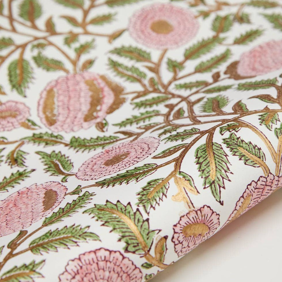 Hand Block Printed Gift Wrap Sheets - Marigold Glitz Blush | Putti
