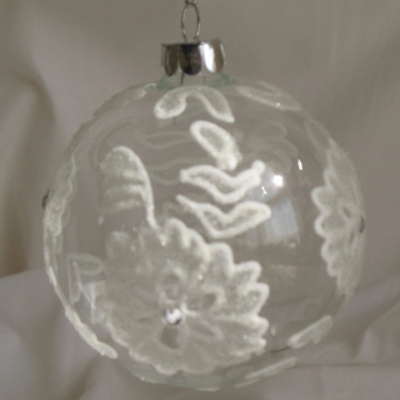 Clear with White Flowers Glass Ball Ornament, FDF-Fil de Fer Enterprises, Putti Fine Furnishings