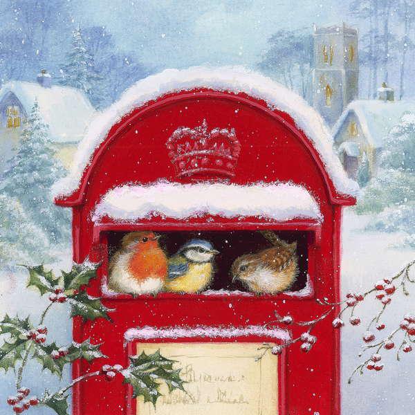 Red Mail Box with Songbirds Paper Lunch Napkins | Putti Christmas