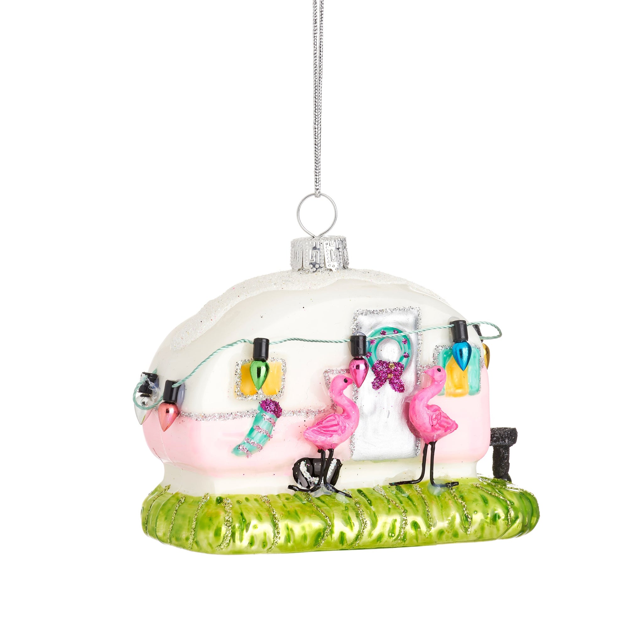 Pink Flamingo Caravan Glass Ornament