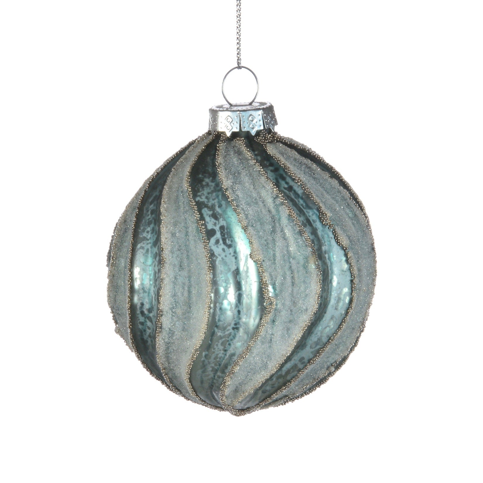 Aqua Frosted and Matte Swirl Glass Ball Christmas Ornament | Putti
