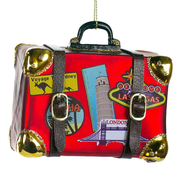 Red Vintage Suitcase Glass Christmas Ornament, CT-Christmas Tradition, Putti Fine Furnishings