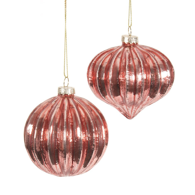 Blush Pink Ribbed Glass Ball Ornament