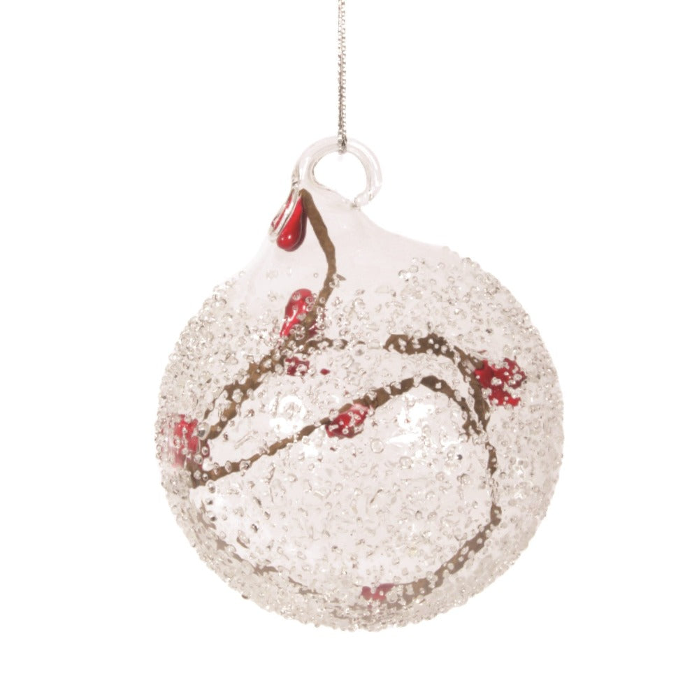 Clear with Red Berries Handblown Ball Glass Ornament | Putti Christmas