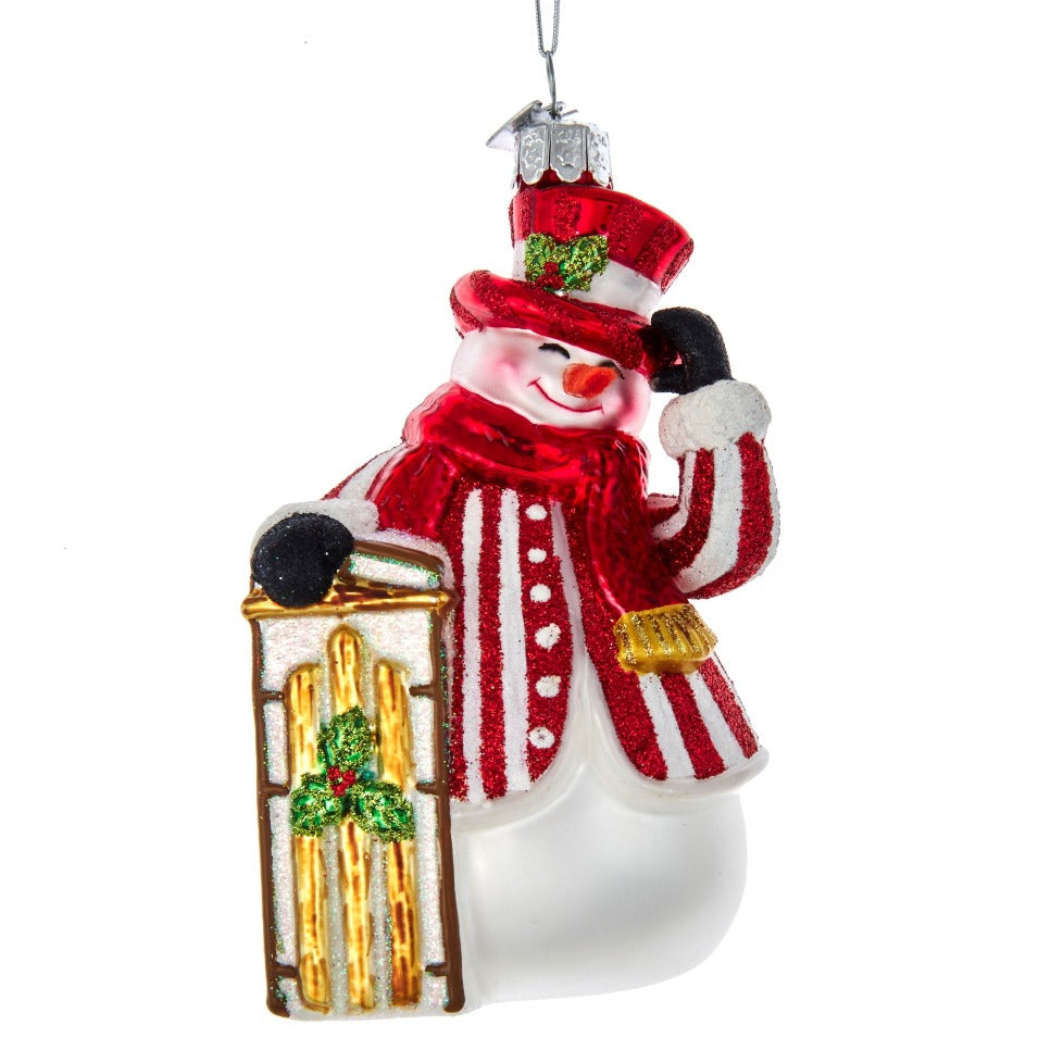 Noble Gems Pepperment Snowman with Sled Glass Ornament | Putti Christmas Canada
