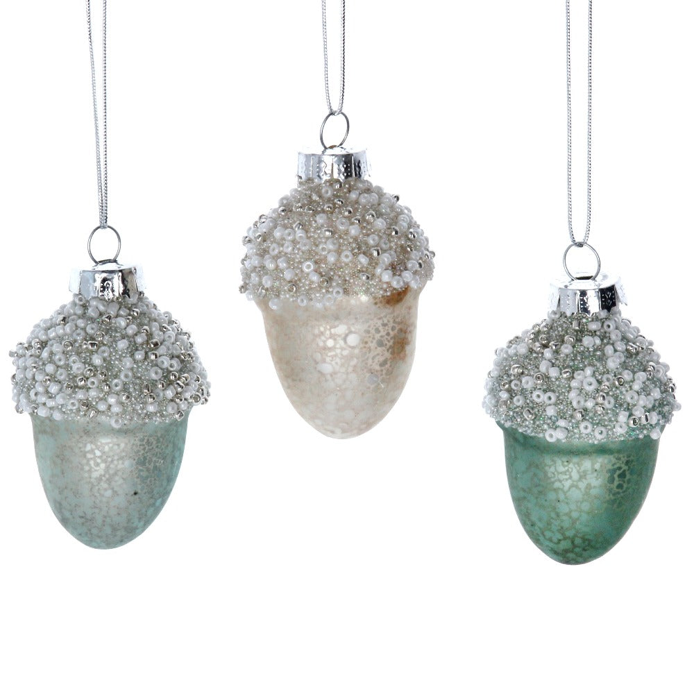 Pale Green Beaded Acorn Glass Ornament | Putti Christmas