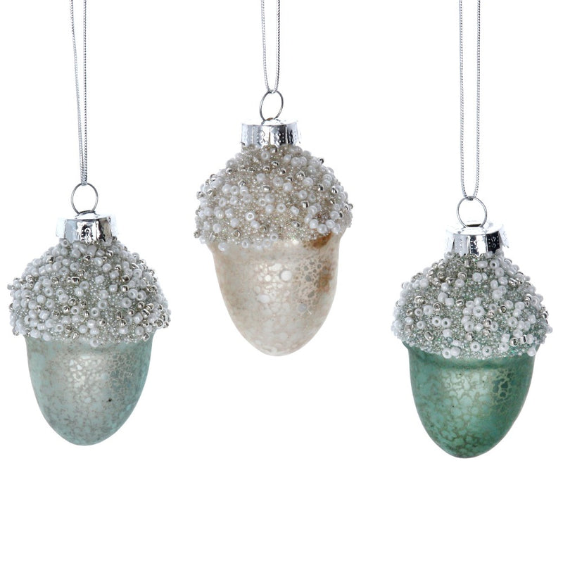 Pale Green Beaded Acorn Glass Ornament | Putti Christmas