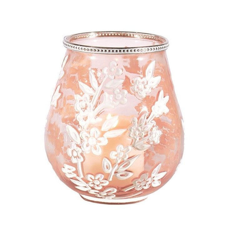 Large Blush Pink Candle Hurricane with White Blossom Branches