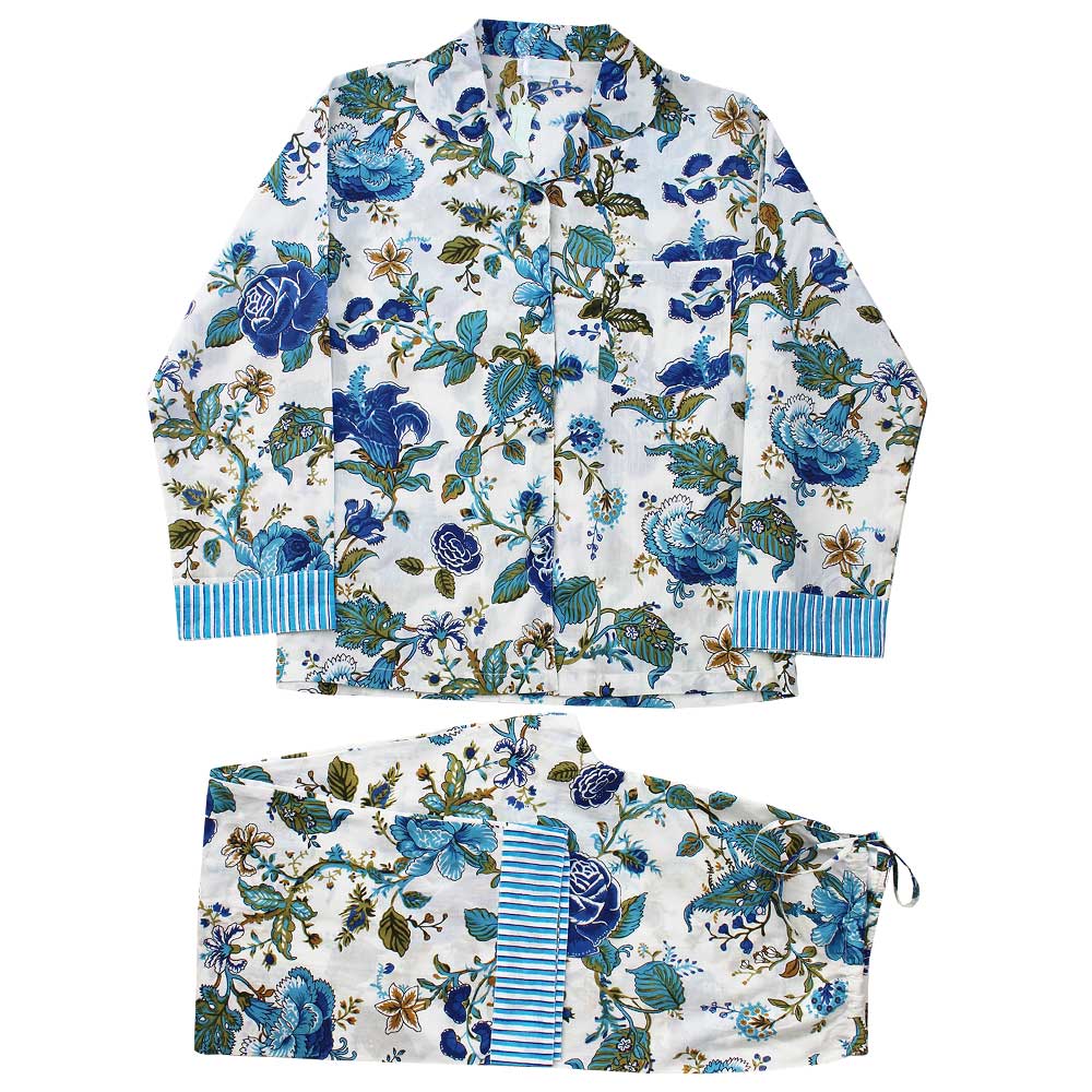 Blue Rose Print Ladies Pyjamas With Blue Stripy Trims | Putti Fine Fashions Canada