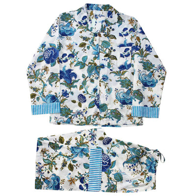Blue Rose Print Ladies Pyjamas With Blue Stripy Trims | Putti Fine Fashions Canada