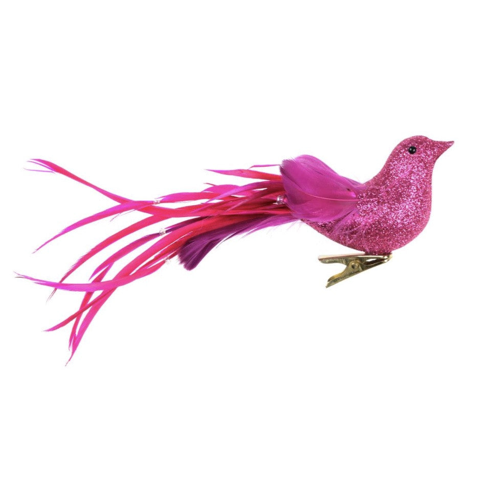 Fuchsia Glitter and Feather Bird with Clip - Christmas - CT-Christmas Traditions - Putti Fine Furnishings Toronto Canada