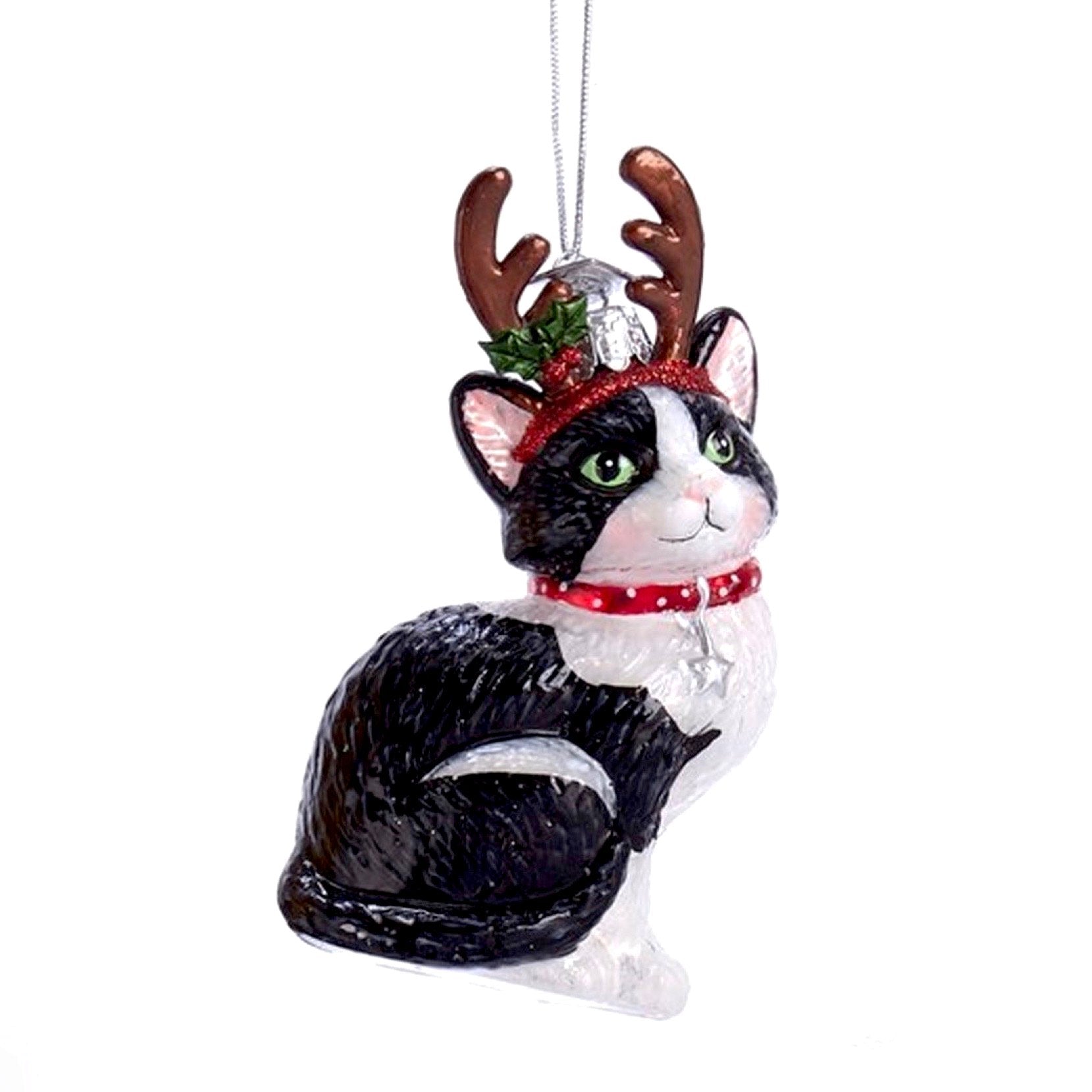 Kurt Adler Black and White Cat with Antlers Glass Ornament | Putti Christmas