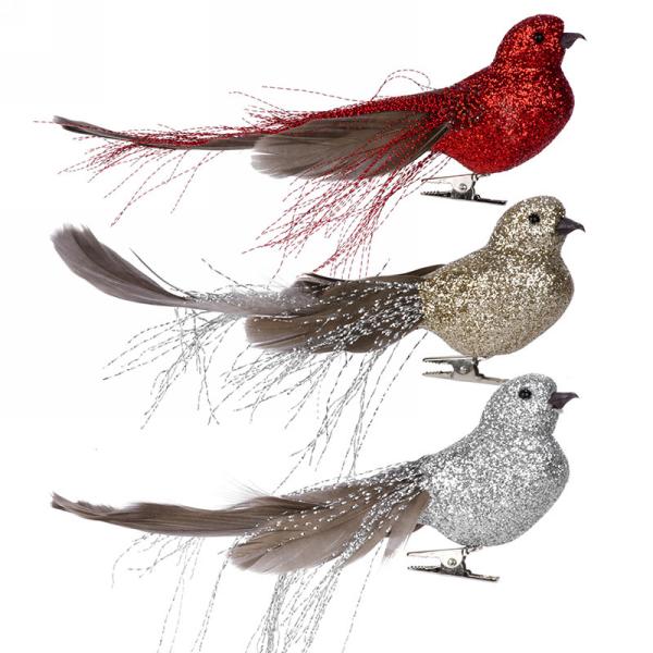 Silver Glitter Bird with Feather and Tinsel Tail - Putti Christmas