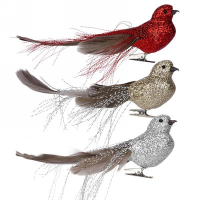 Silver Glitter Bird with Feather and Tinsel Tail - Putti Christmas