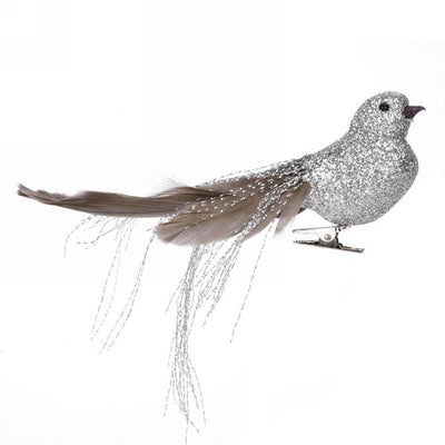 Silver Glitter Bird with Feather and Tinsel Tail - Putti Christmas