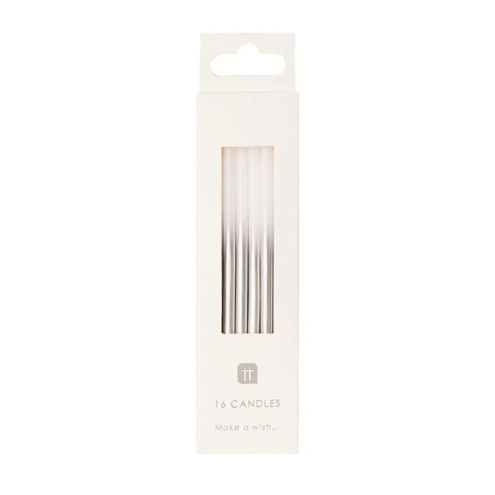 White and Silver Ombre Long Candles | Putti Party Supplies