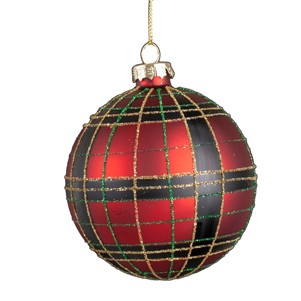 Red and Green Plaid with Gold Glitter Glass Ball Ornament | Putti Christmas Decorations