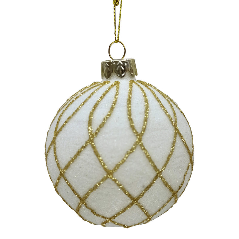 White with Gold Glitter Trellis Glass Ball Ornament