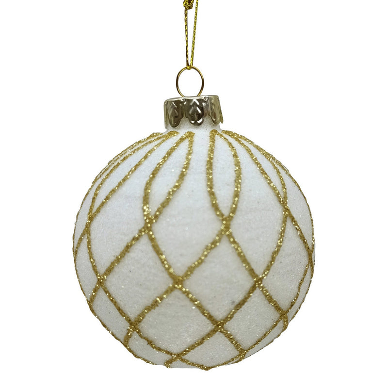 White with Gold Glitter Trellis Glass Ball Ornament | Putti Christmas Decorations