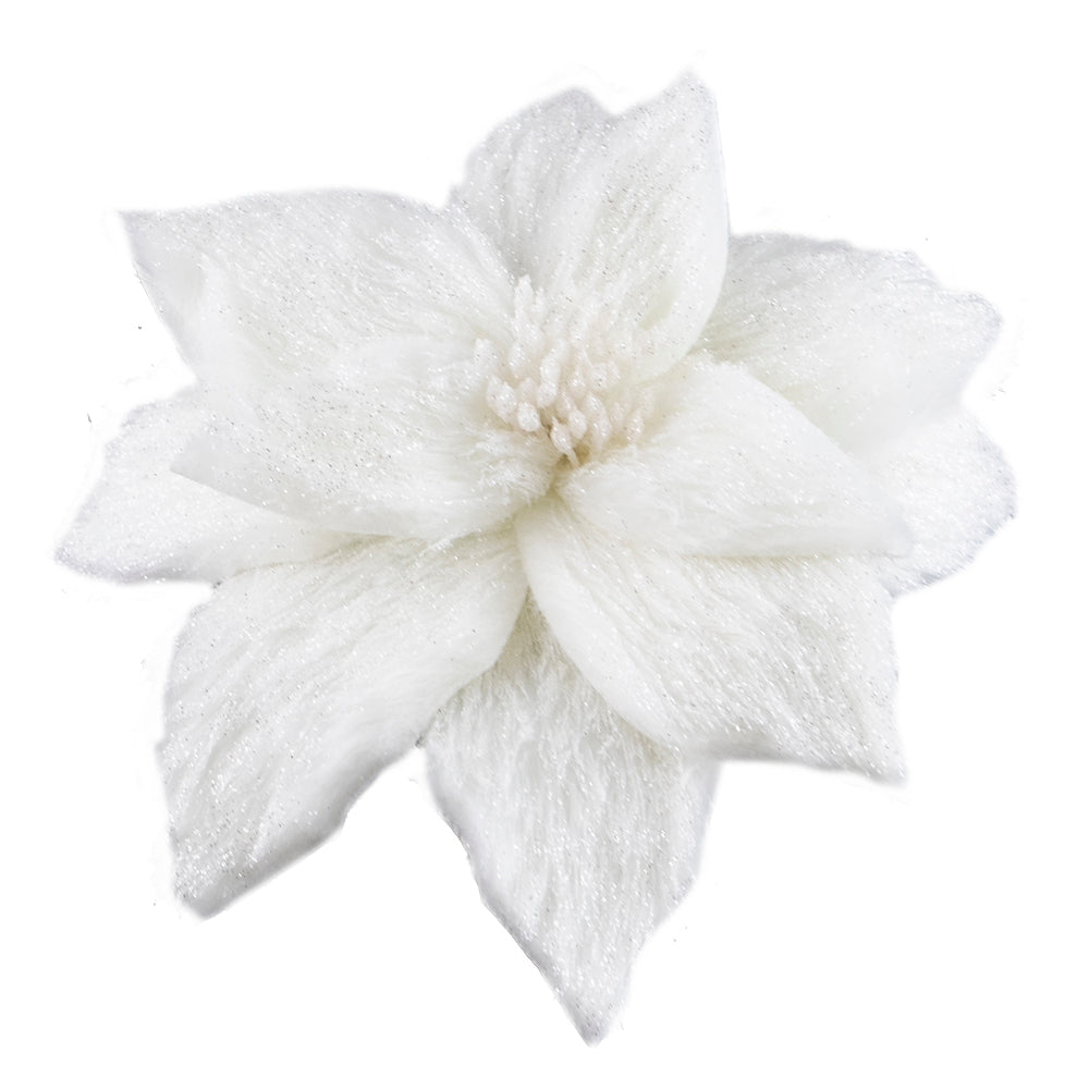 Shimmered White Fur Poinsettia with Clip | Putti Christmas Decorations