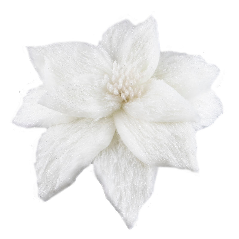 Shimmered White Fur Poinsettia with Clip | Putti Christmas Decorations
