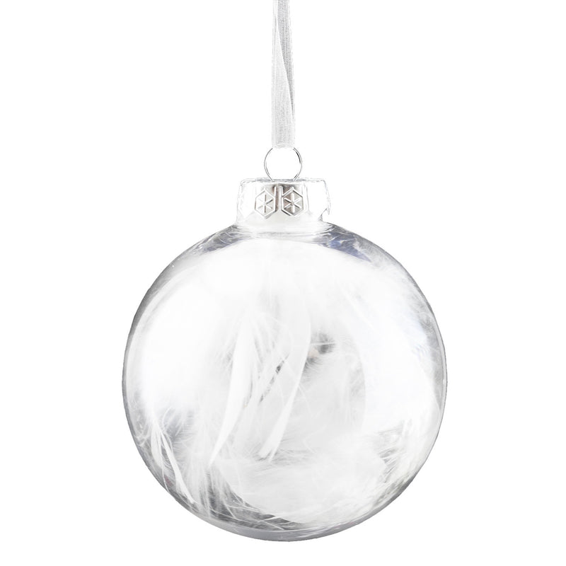 Clear with White Feathers Glass Ball Ornament | Putti Christmas Decorations