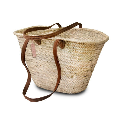 Long Flat Leather Handle French Straw Basket