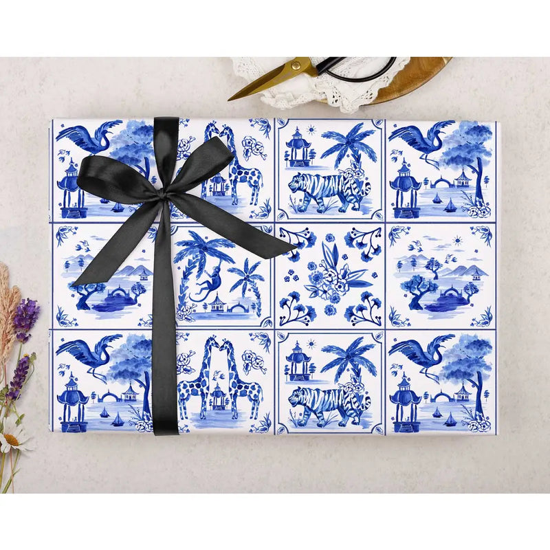 Blue Porcelain Tiles Animal Wrapping Paper Sheet