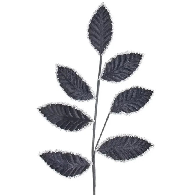 Black Velvet Glittered Leaf Spray