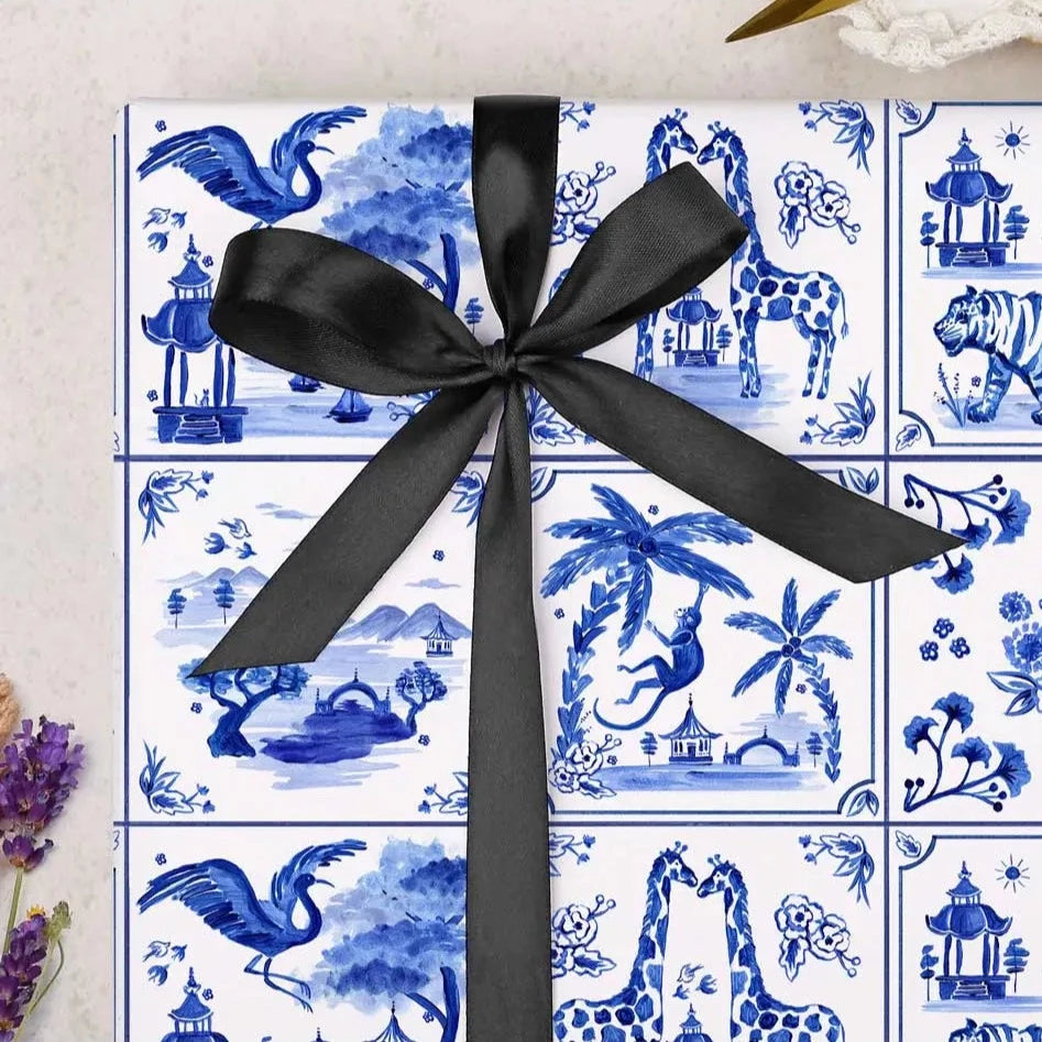 Blue Porcelain Tiles Animal Wrapping Paper Sheet - Small