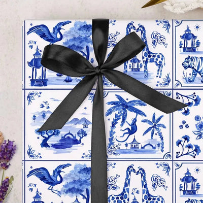 Blue Porcelain Tiles Animal Wrapping Paper Sheet - Small