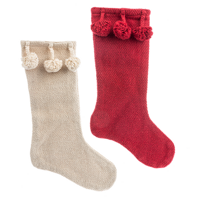 Natural Cotton Christmas Stocking with Pom Poms