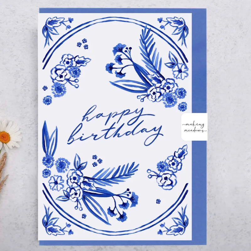 "Happy Birthday" Blue Porcelain Floral Greeting Card