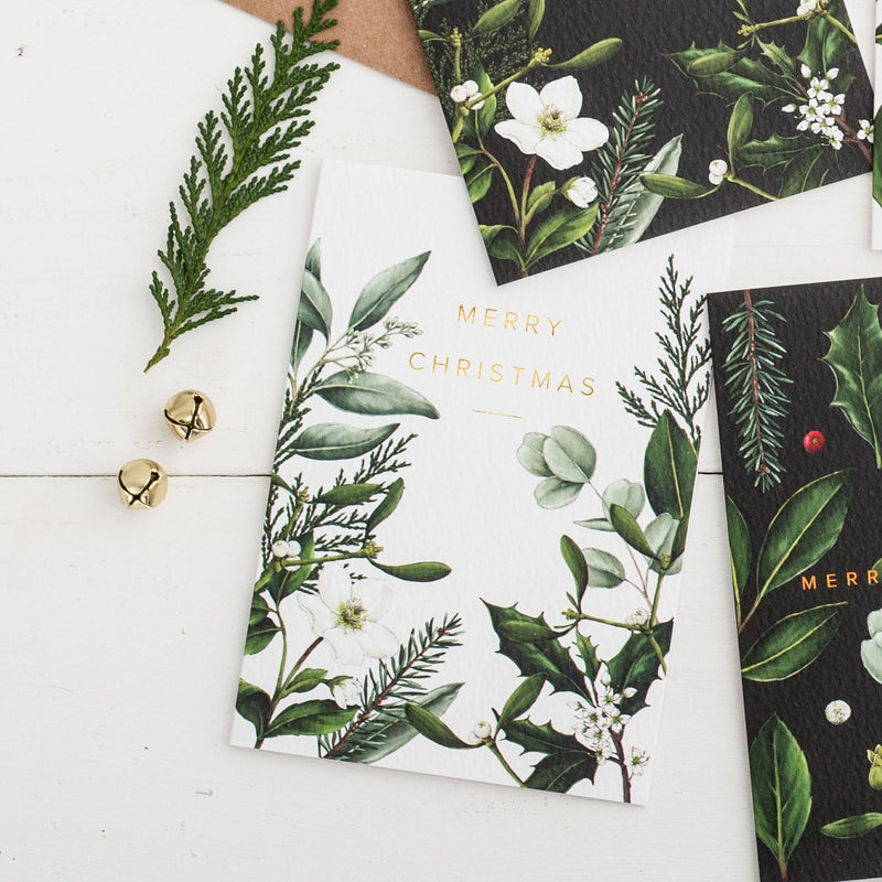 Greenery Border White Christmas Greeting Card