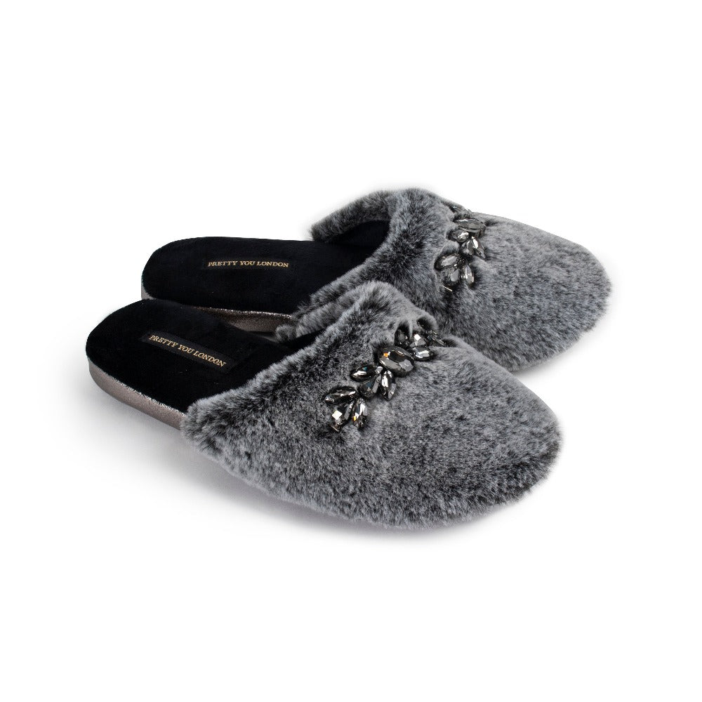 Pretty You London Charcoal "Dido" Jewelled Slippers