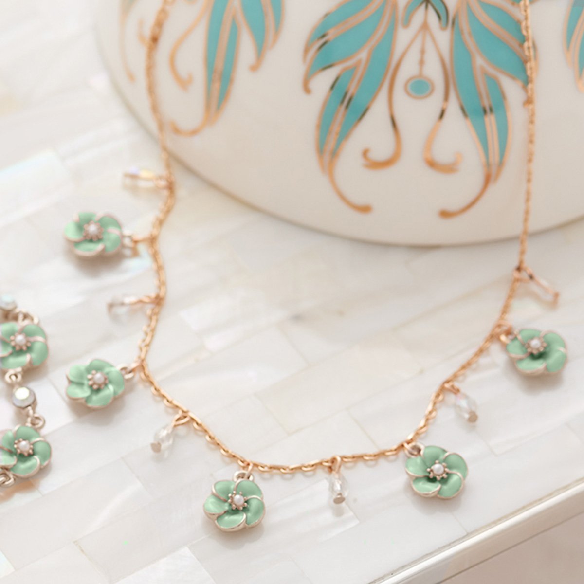 Lovett & Co. Small Rose Necklace in Mint  Enamel | Putti Fine Fashions