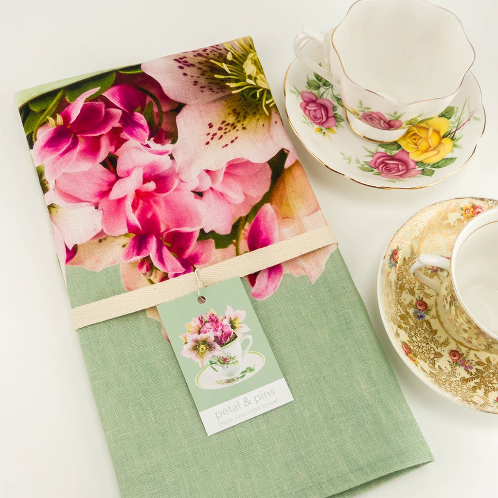 Petal & Pins Vintage Teacup Posy Linen Tea Towel