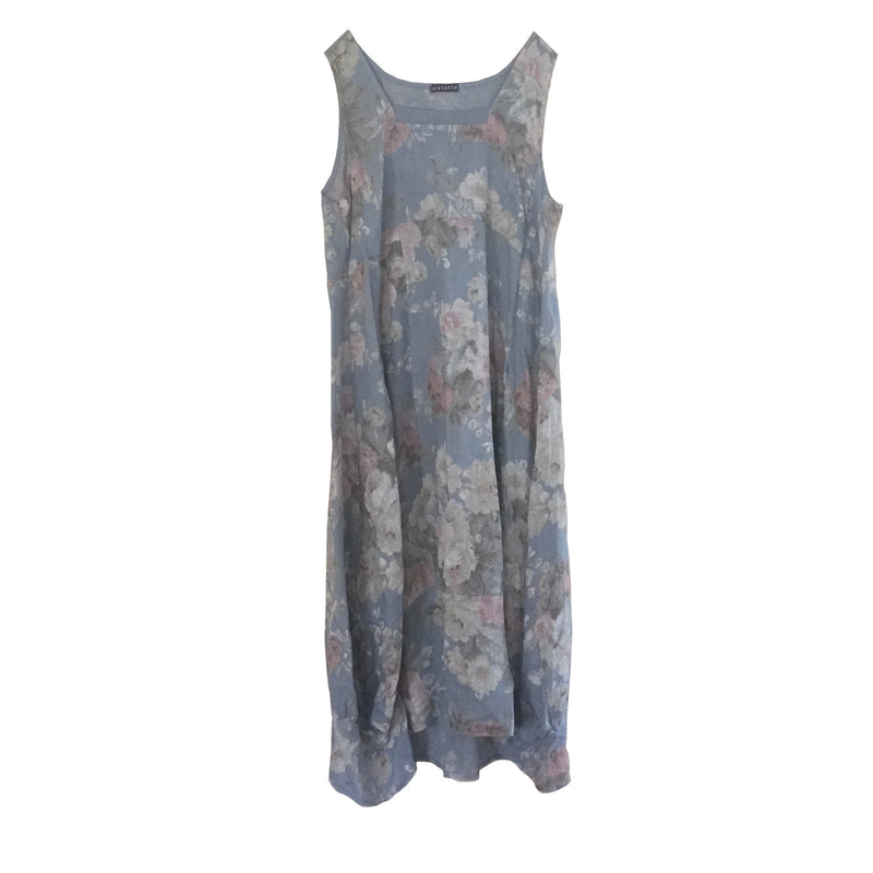 Floral Sleeveless Linen Dress - Denim Blue