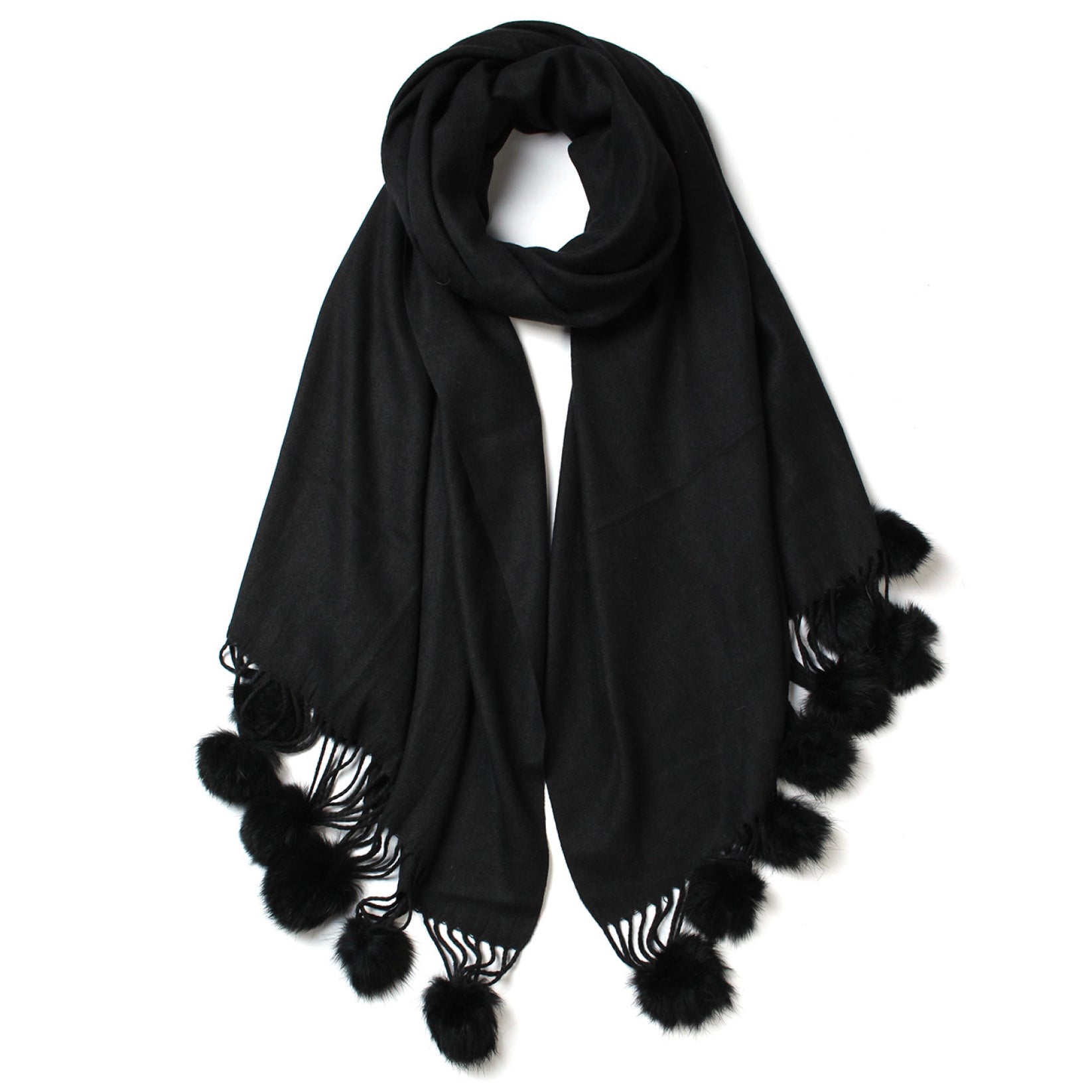 Fur Pom Pom Cashmere Scarf - Black | Putti Fine Fashions