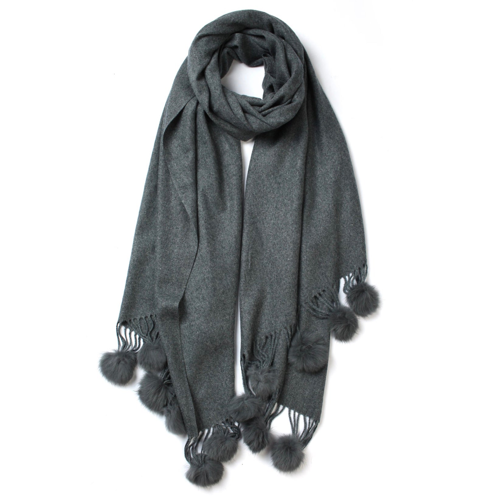 Fur Pom Pom Cashmere Scarf - Grey | Putti Fine Fashions