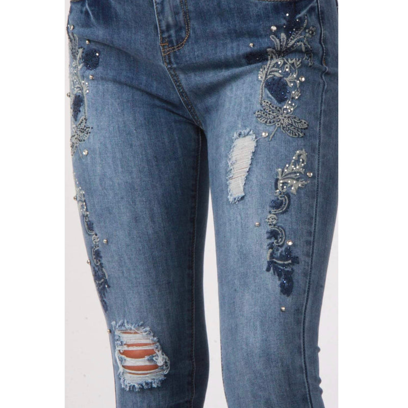 Ripped Blue Floral Embroidery Jewel Detail Skinny Jeans