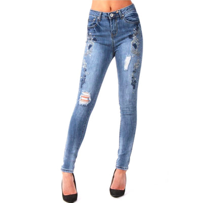 Ripped Blue Floral Embroidery Jewel Detail Skinny Jeans