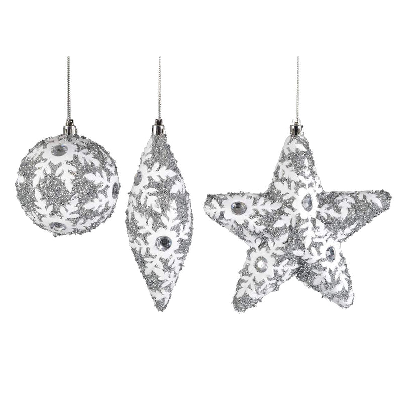 Silver Glittered Ornaments with White Snowflakes | Putti Christmas Celebrations