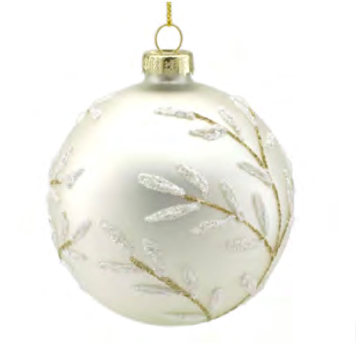 Matte White with Painted Leaves Glass Ball Ornament | Putti Christmas 
