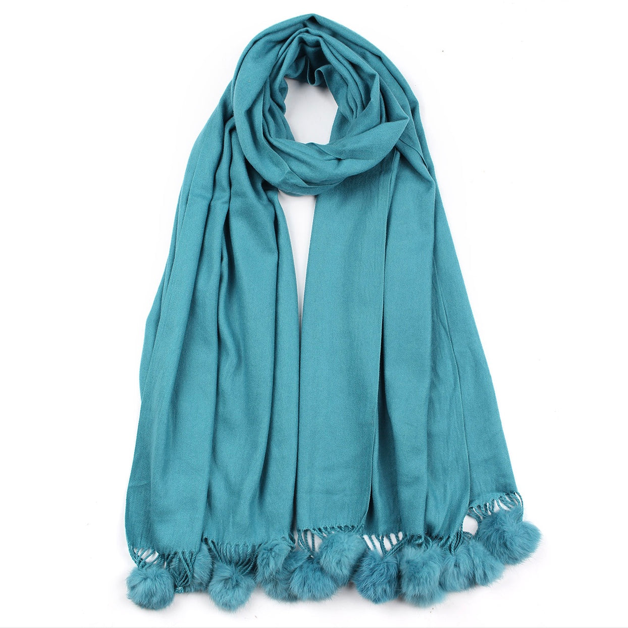 Fur Pom Pom Cashmere Scarf - Blue | Putti Fine Fashions