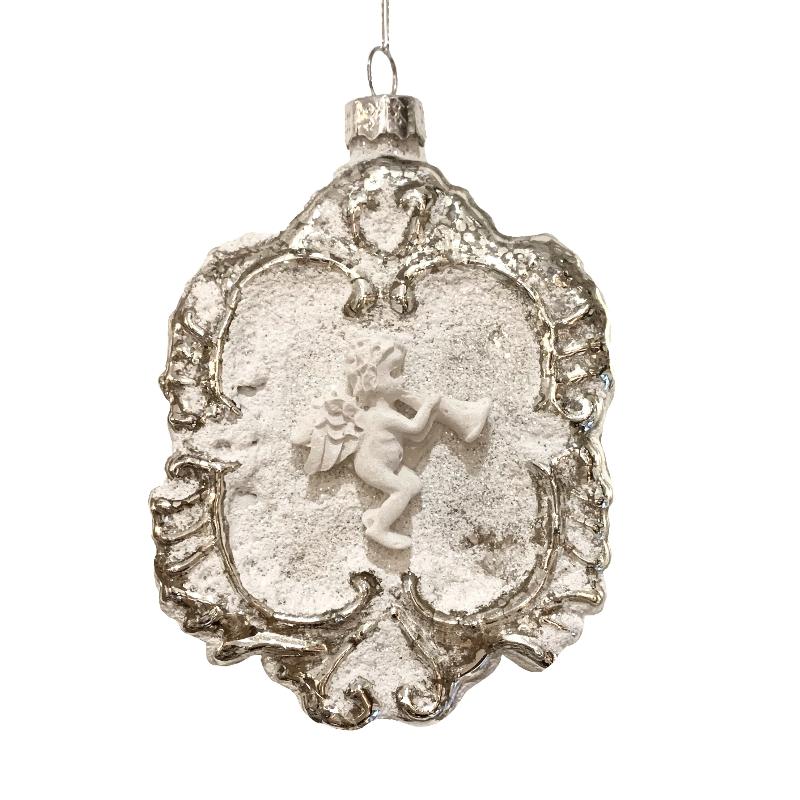 Matte White Cherub Medallion Ornament - Putti Christmas Canada