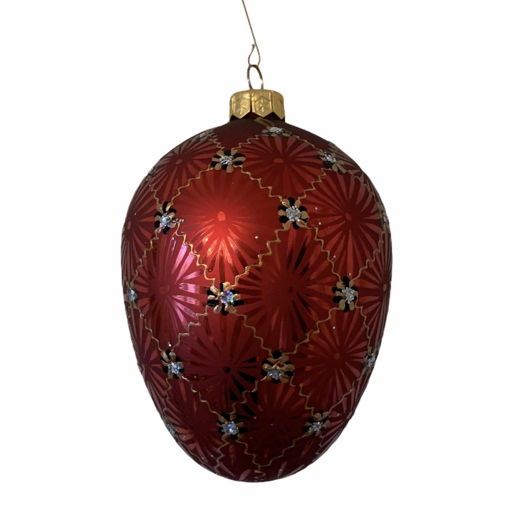 Russet Red Diamond Grid European Glass Egg Ornament